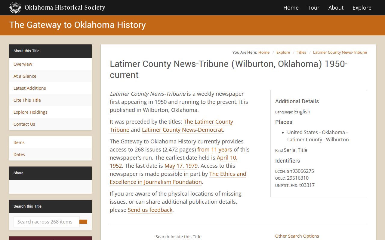 Latimer County news archive title record for historical arrest reporting